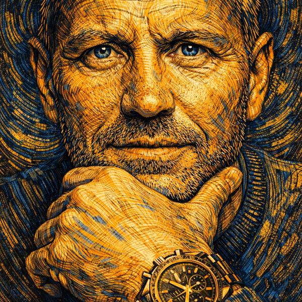 Portrait of Edgars Untals, illustrated in gold and blue